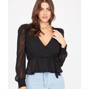 Revamped Black Sheer Dotted Long Sleeve Peplum Blouse